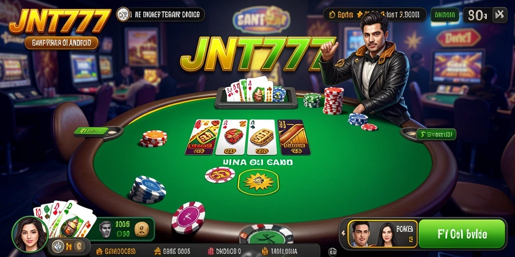 Screenshot gameplay JNT777 menampilkan suasana permainan poker yang menegangkan.